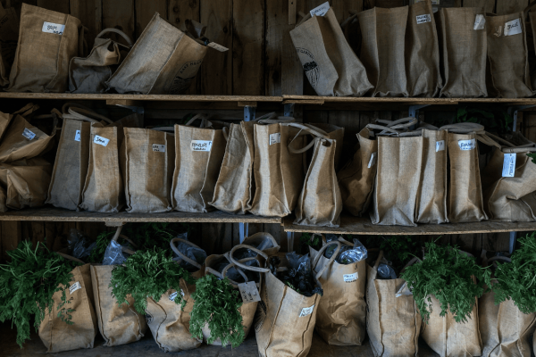 CSA vegetable share bags on a shelf
